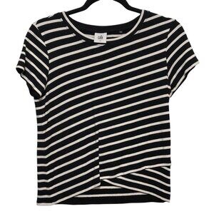 Cabi Black White Striped Crewneck Short Sleeve Asymmetrical Hem Top S
